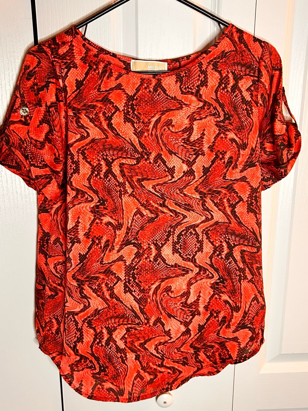 Michael Kors Small S Blouse Satin Red Orange Black Snakeskin Print Short Sleeve